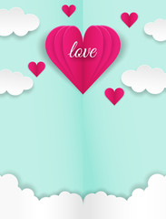 Happy Valentines . Design with love text and hearts flying on green pastel background. paper art style . vector.