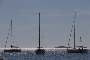 Three sailboats, yachts on the Adriatic Sea. Beautiful weather. Sunny, hot summer day on the Croatian coast. Primosten, Croatia. Rocky shore, mediterranean vegetation, riviera, seashore.