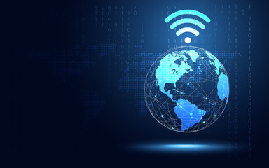 Futuristic blue earth with Wifi internet abstract technology background. Artificial intelligence digital transformation and big data concept. Business quantum internet network communication concept