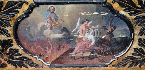 The angel and the devil fight for the soul of the dying, altarpiece in the church of Saint Leonard...