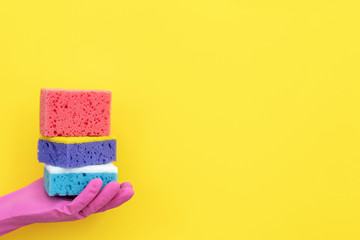 Woman holding different sponges for washing on her palm