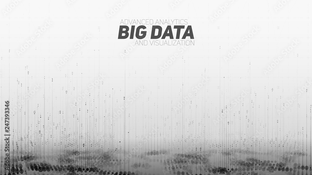 Poster Vector abstract 3D big data visualization. Futuristic infographics aesthetic design. Visual information complexity. Intricate data threads plot. Social network or business analytics representation.