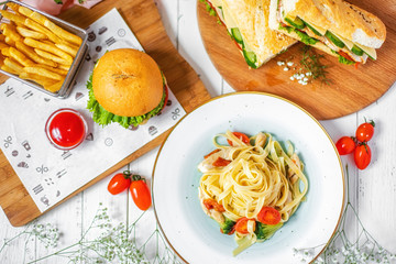 Chicken Pasta, Hamburger and Sandwich