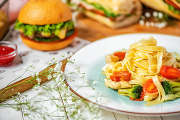 Chicken Pasta, Hamburger and Sandwich