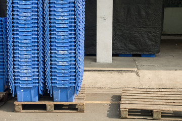 Blue Plastic container box Stack Storage Logistic business on pallets