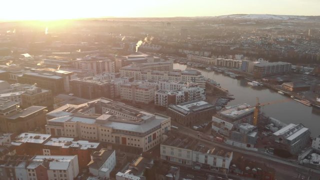 Aerial drone footage of Bristol city center & boats in harbour