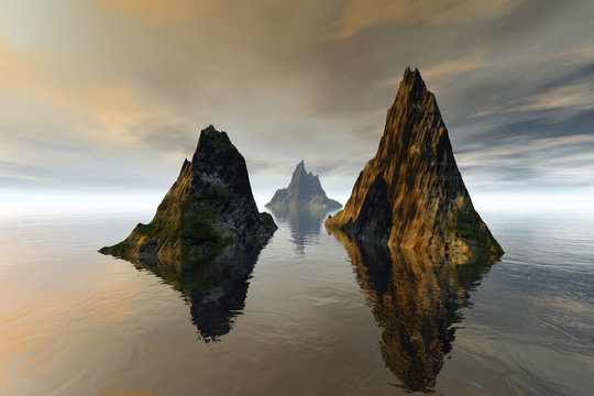Islands, a tropical landscape, grass on the rocks, reflection on water and clouds in the sky.