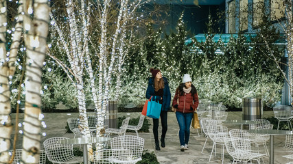 Two girls in New York at Christmas time enjoy shopping presents