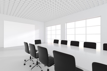 Modern conference room with empty poster. Mock up, 3D Rendering