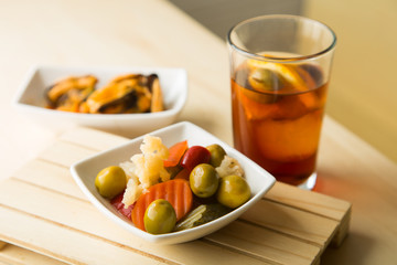 Vermut, seafood and olives. Spanish Tapas.