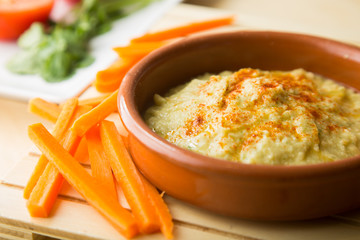 Hummus with vegetables. Spanish Tapas.