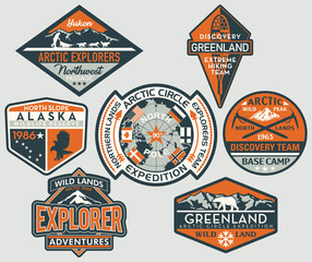 North pole arctic circle discovery adventure explorer vector patches collection - obrazy, fototapety, plakaty