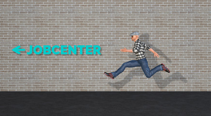 Obraz na płótnie Canvas Mann rennt Wand entlang Jobsuche Jobcenter 3D Illustration