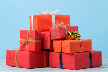 Fototapeta premium Gift boxes. Gifts on a gentle blue background. Holidays. Valentine's Day. women's Day. mother's day.