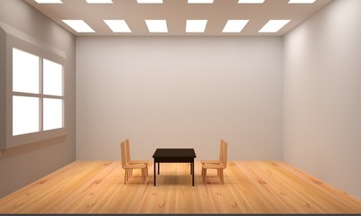 Wood chair and table in  room, 3D rendering