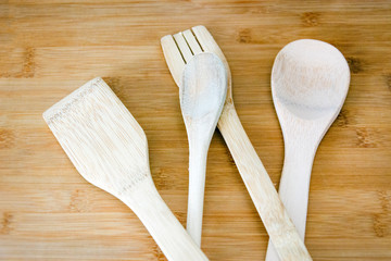 Close up of a group of wooden kitchen utensils