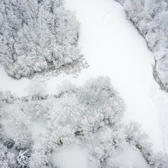 Aerial view of winter beautiful landscape with trees covered with hoarfrost and snow. Winter scenery from above. Landscape photo captured with drone.