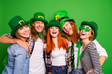 Portrait of nice lovely attractive cheerful cheery positive bonding group guys girls in costumes...