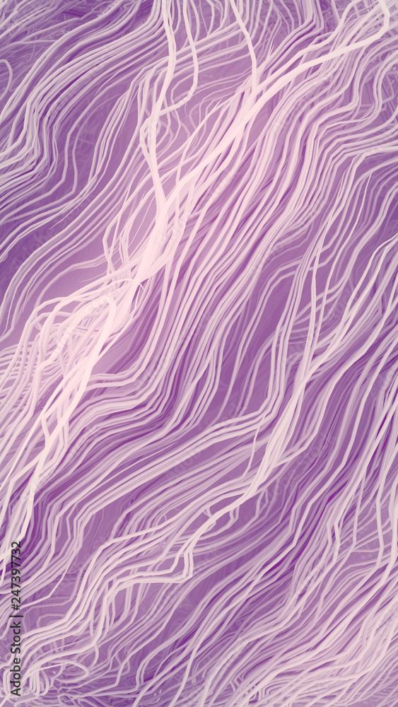 Poster White curled wire futuristic pattern surrounded by pink mist. Abstract lines flow, psychedelic background. 3d rendering