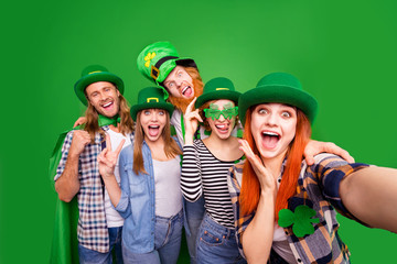Self-portrait of nice crazy childish attractive cheerful positive stylish people guys ladies...
