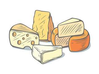 several types of cheese together Hand drawn image. Vector