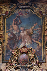 The stoning of St. Stephen on the Saint Joseph altar in the church of Saint Leonard of Noblac in...