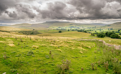 Fototapeta premium a valley of farm land and hills in England. Handmade stone walls and fields. 