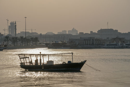 boat silhouette on Doha guld bay