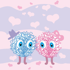 Two cute unknown creatures show love and tenderness to each other on pink sky background, seamless background