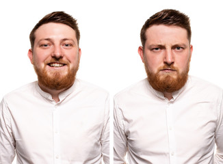 Studio portrait of young handsome smiling and serious ginger man with beard