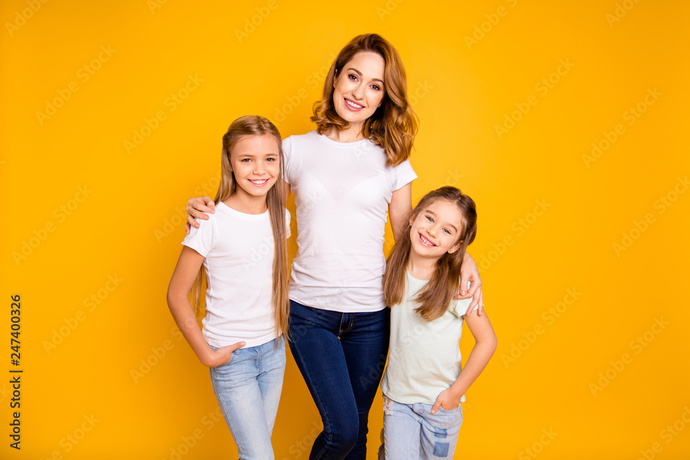 Sticker portrait of three nice attractive winsome sweet slim cheerful people hugging spending time together 