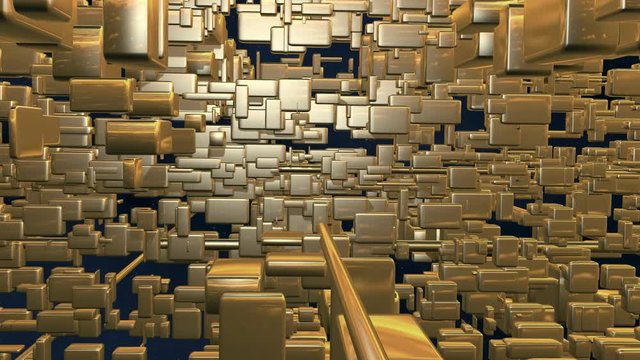 Camera flies into shiny golden  city, space station , cubes, boxes