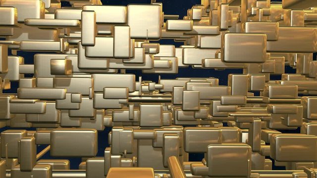 Camera flies out from shiny golden  city, space station , cubes, boxes