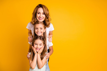 Portrait of three nice cute lovely attractive winsome sweet cheerful positive funny blonde people...