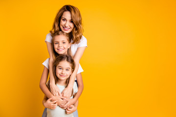 Portrait of three nice cute lovely attractive adorable cheerful positive funny blonde people...