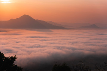 Sunrise viewpoint And fog covering mountains, Thailand