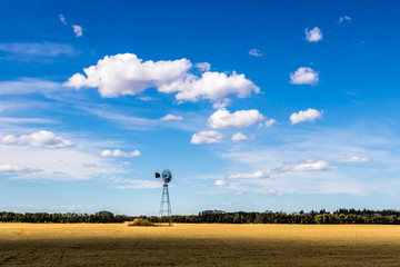 Fototapeta na wymiar Windmill in a field, Dickson Point Provincial Recreation Area, Alberta, Canada