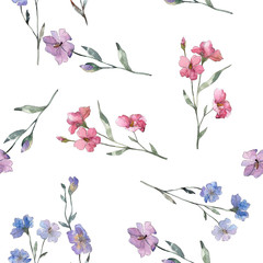Pink and purple flax floral botanical flower. Watercolor illustration set. Seamless background pattern.