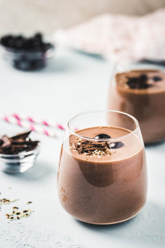 Chocolate Frozen Cherry Chia Seeds Smoothie. Selective Focus, Space For Text.