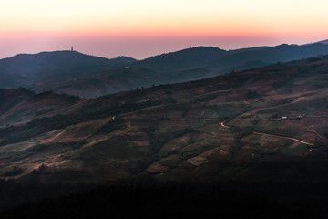Sunrise viewpoint And fog covering mountains, Thailand