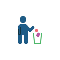 Man throwing trash into a basket flat icon, vector sign, colorful pictogram isolated on white. Man throwing paper into dustbin symbol, logo illustration. Flat style design