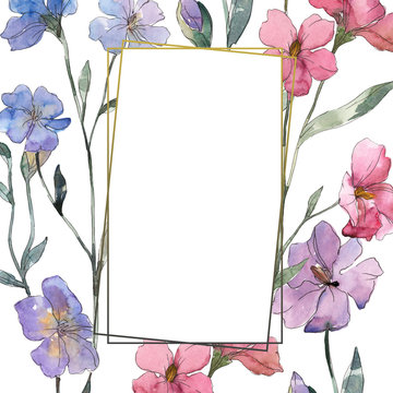 Pink and purple flax floral botanical flower. Watercolor background illustration set. Frame border ornament square.