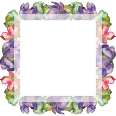 Pink and purple lotus foral botanical flower. Watercolor background illustration set. Frame border ornament square.