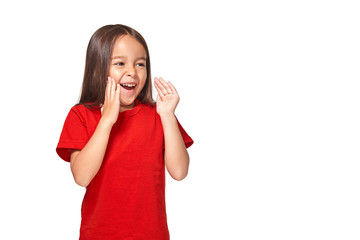 Fototapeta premium Portrait of little surprised girl excited scared. Isolated on white background