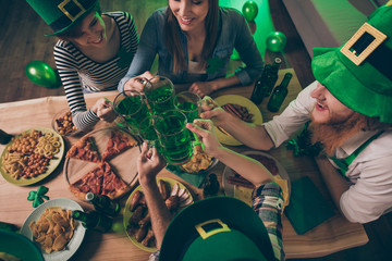 Top above high angle view of nice attractive cheerful cheery positive group of people guys ladies event evening amusement having fun clinking jar mug in cafe pub bar indoors