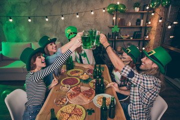 Profile side view of nice attractive lovely stylish cheerful positive group of people guys event...
