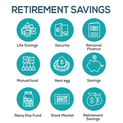 Retirement Account and Savings Icon Set w Mutual Fund, Roth IRA, etc
