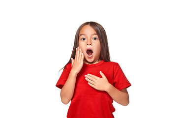 Fototapeta premium Portrait of little surprised girl excited scared. Isolated on white background