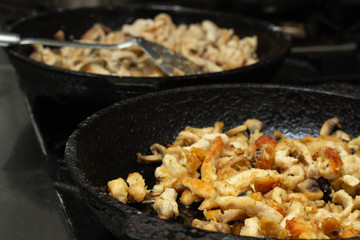 Roasted meat with mushrooms in a pan from which steam comes, close-up, background