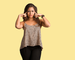Full body young curvy plus size woman doing a concentration gesture